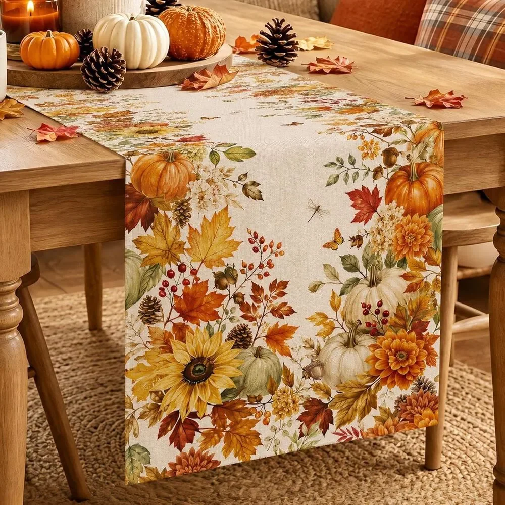Fall Table Runner Pumpkin Sunflower Leaf Farmhouse Polyester 13 x 72-in Gift NEW